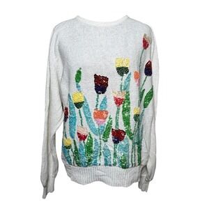 VTG Cervelle White Knit Sequin Floral Sweater Womens L Grannycore Cottagecore